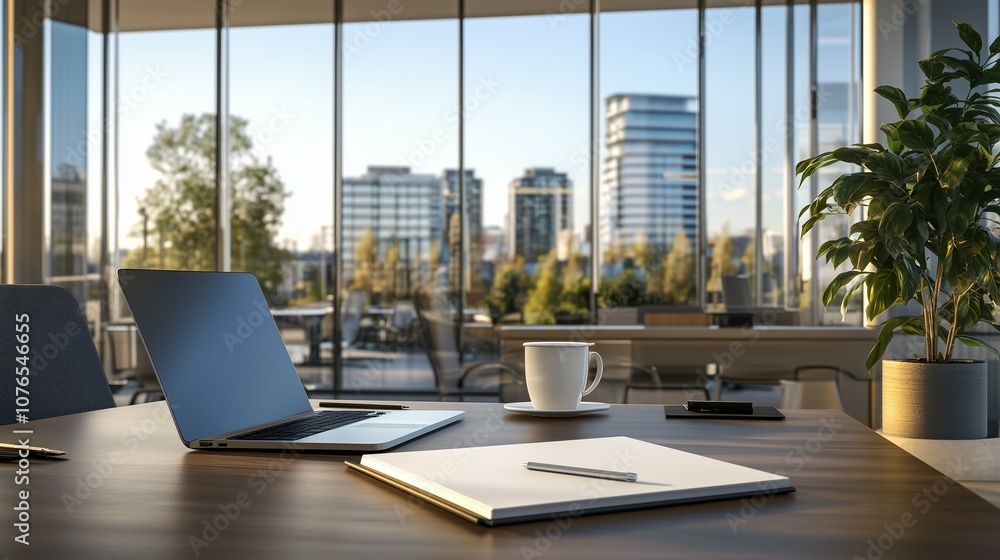 A stylish, contemporary office with floor-to-ceiling windows overlooking a vibrant skyline, illuminated by soft, natural light. Perfect for Office and Business Themed Content. A stylish, contemporary office with floor-to-ceiling windows overlooking a vibrant skyline, illuminated by soft, natural light. Perfect for Office and Business Themed Content.