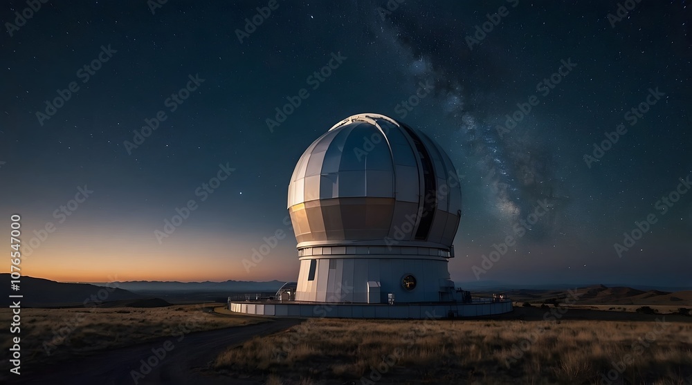 A large, modern telescope set up in an open field, pointed towards a star-filled night sky A large, modern telescope set up in an open field, pointed towards a star-filled night sky