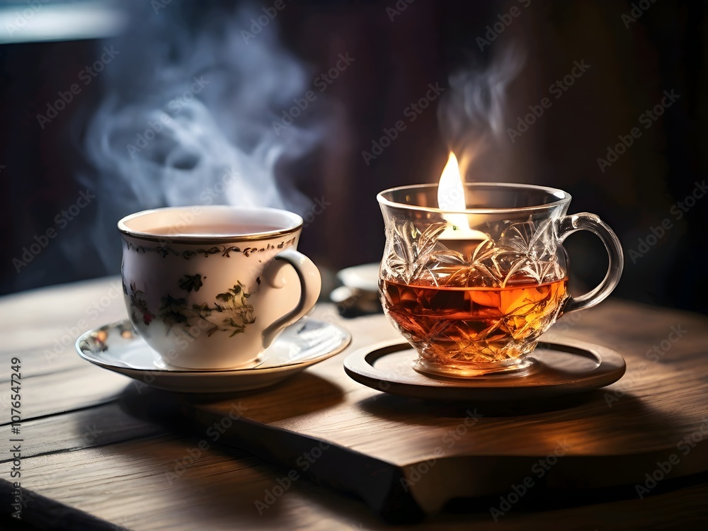Fototapeta premium Steaming Tea Cups with Fresh Brew