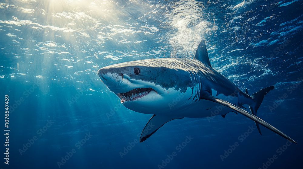 Fototapeta premium A great white shark glides through clear ocean waters, illuminated by sunlight, showcasing its strength and elegance in its natural habitat