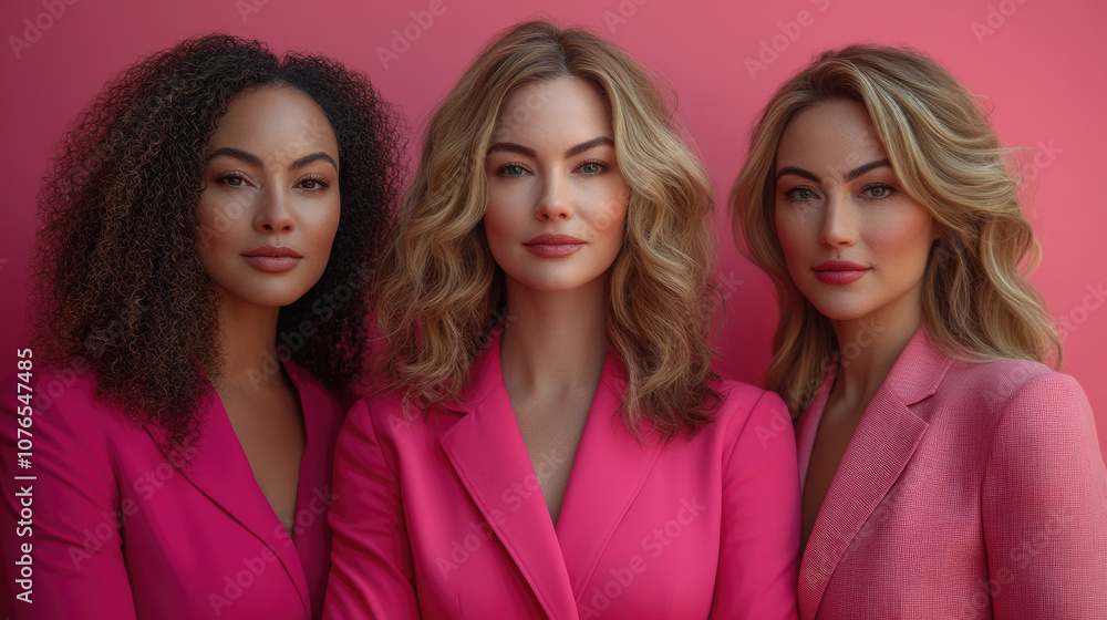 Three diverse women wearing chic pink blazers stand side by side in front of a bright pink background, showcasing confidence and style Three diverse women wearing chic pink blazers stand side by side in front of a bright pink background, showcasing confidence and style