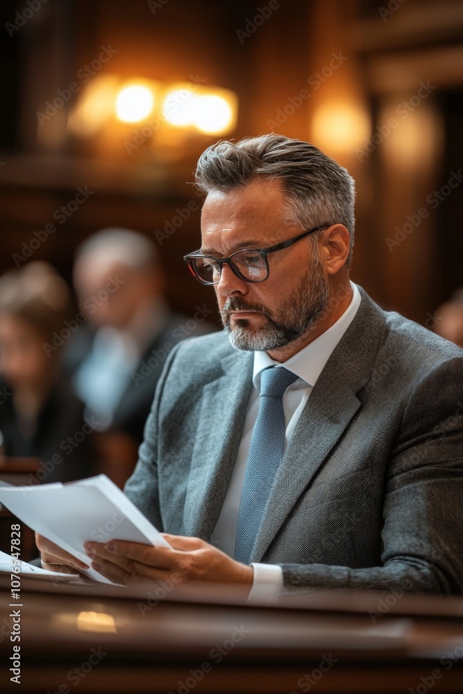 Male lawyer examining evidence files and taking notes in a courtroom, with judges and spectators in the background Male lawyer examining evidence files and taking notes in a courtroom, with judges and spectators in the background
