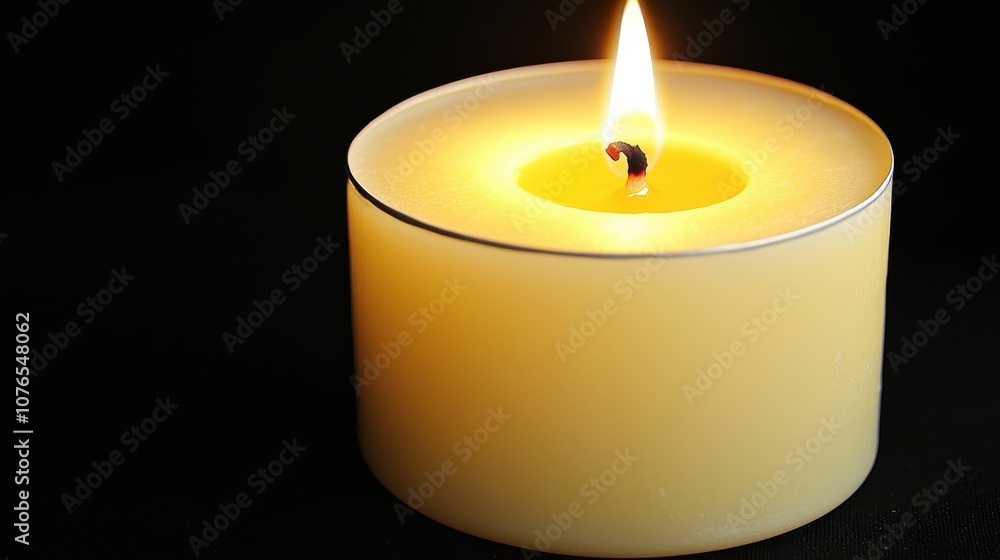 A lit yellow candle emits a warm glow against a dark background. A lit yellow candle emits a warm glow against a dark background.