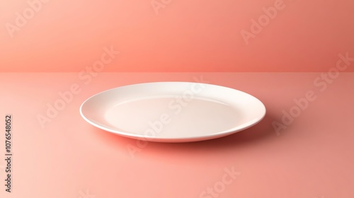 A white plate on a pink surface with a peach colored background.