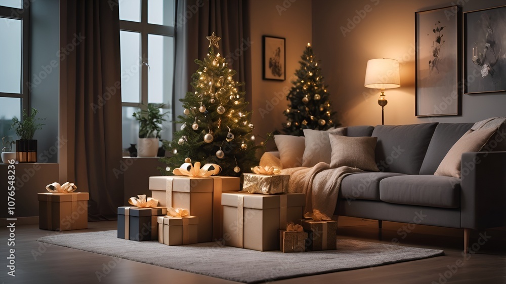 Cozy living room decorated for Christmas with a tree and beautifully wrapped presents Cozy living room decorated for Christmas with a tree and beautifully wrapped presents