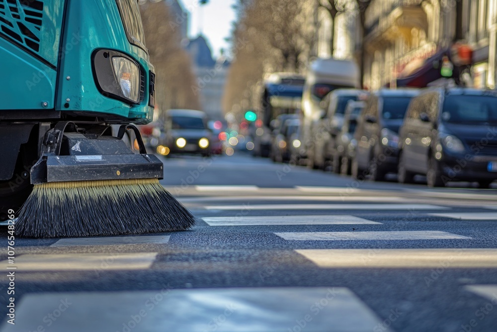 Street cleaning machine on the street. Street cleaning machine on the street.