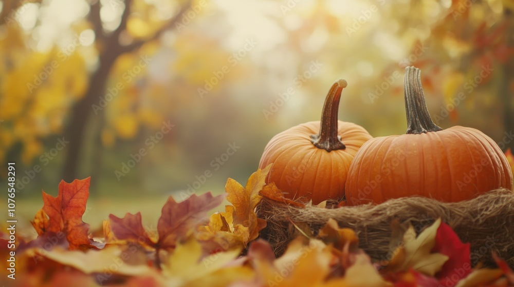 Autumn Scene with Pumpkins and Colorful Leaves Autumn Scene with Pumpkins and Colorful Leaves