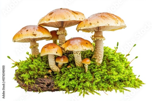 A cluster of mushrooms growing on moss-covered wood.