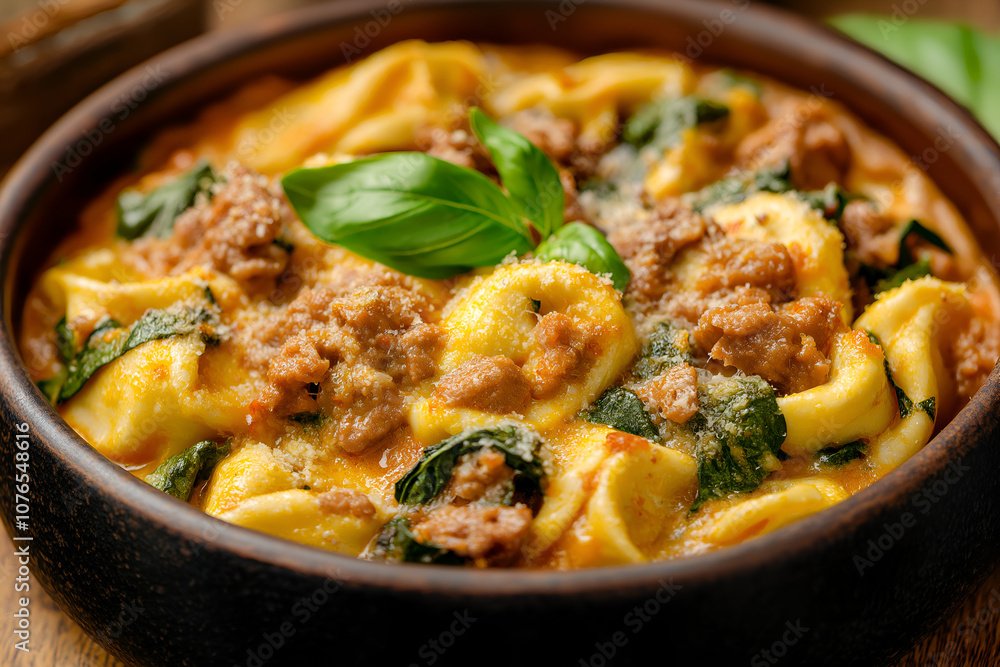 Sausage and Spinach Tortellini in a Creamy Parmesan Sauce, Garnished with Chopped Fresh Basil, Food Photography, Food Menu Photo Image Sausage and Spinach Tortellini in a Creamy Parmesan Sauce, Garnished with Chopped Fresh Basil, Food Photography, Food Menu Photo Image