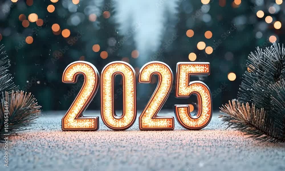 Glittering 2025 Year Celebration in a Winter Wonderland with Sparkling Lights and Natural Evergreen Background, Embracing Joy and New Beginnings for the Upcoming Year
