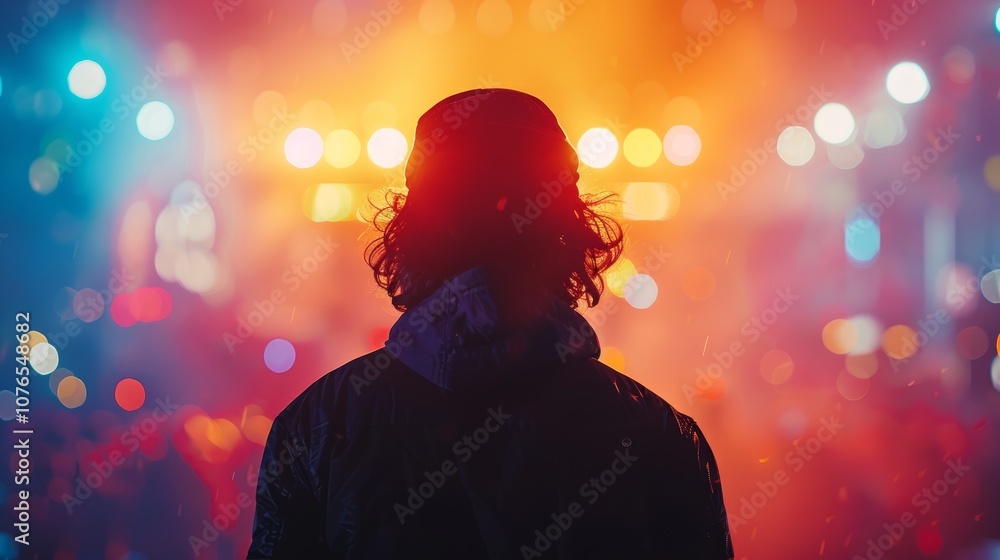 A silhouetted person stands in front of a concert stage with bright lights and bokeh. A silhouetted person stands in front of a concert stage with bright lights and bokeh.