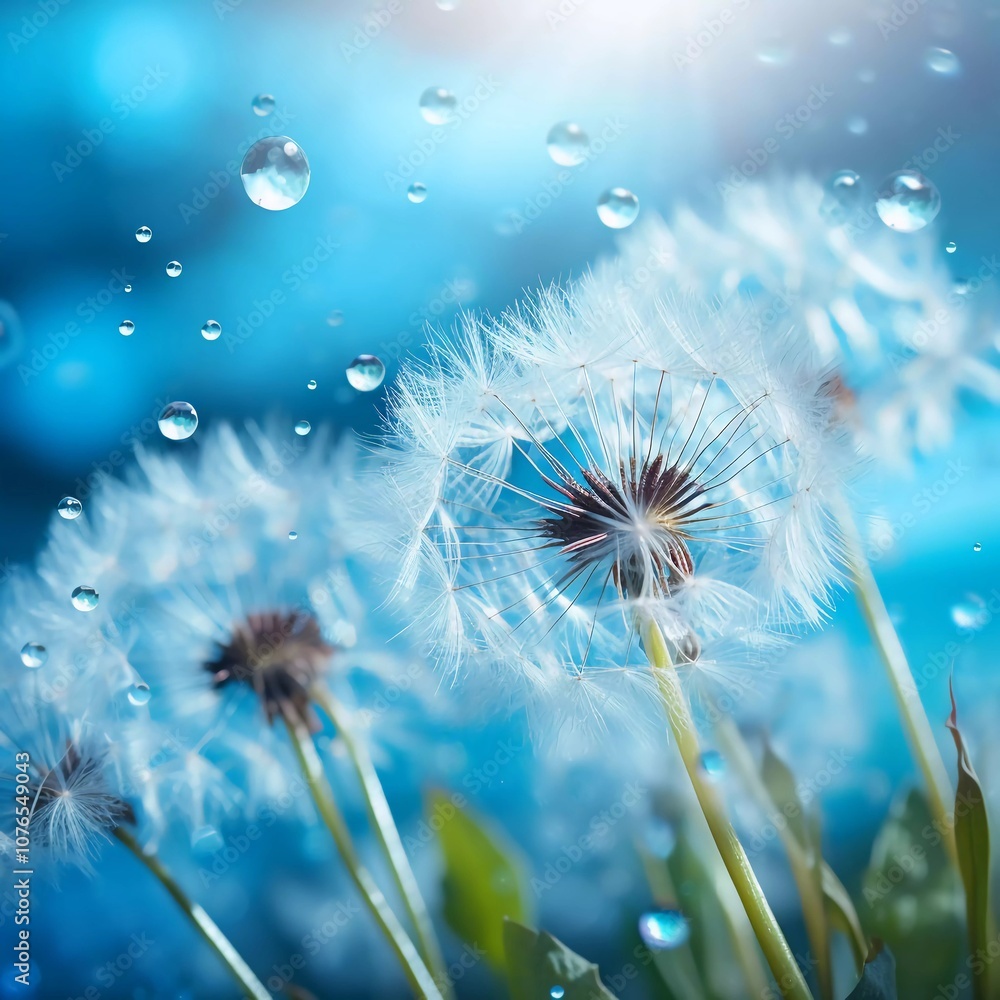A close-up of dandelions with droplets, illuminated by soft light against a blue background. A close-up of dandelions with droplets, illuminated by soft light against a blue background.