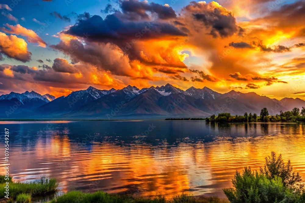 Fototapeta premium Stunning Silhouette Photography of the Breathtaking Landscape at IssykKul Lake, KoshKul, Kyrgyzstan during Sunset with Majestic Mountains in the Background