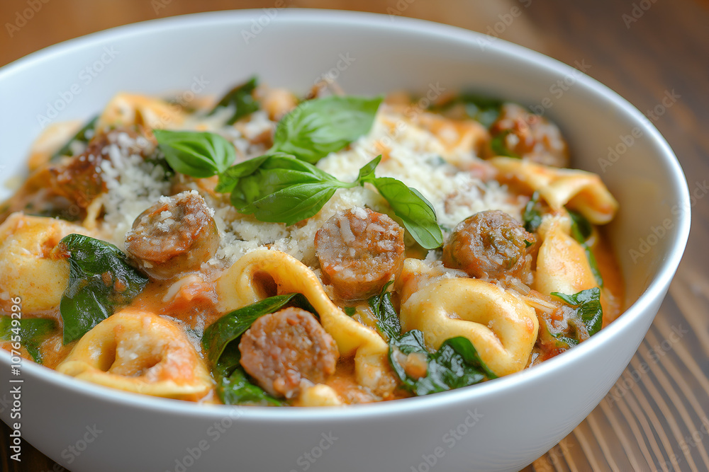 Sausage and Spinach Tortellini in a Creamy Parmesan Sauce, Garnished with Chopped Fresh Basil, Food Photography, Food Menu Photo Image