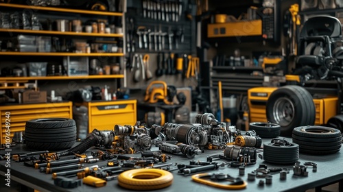 A well-organized workshop filled with tools and automotive parts for repair and maintenance.