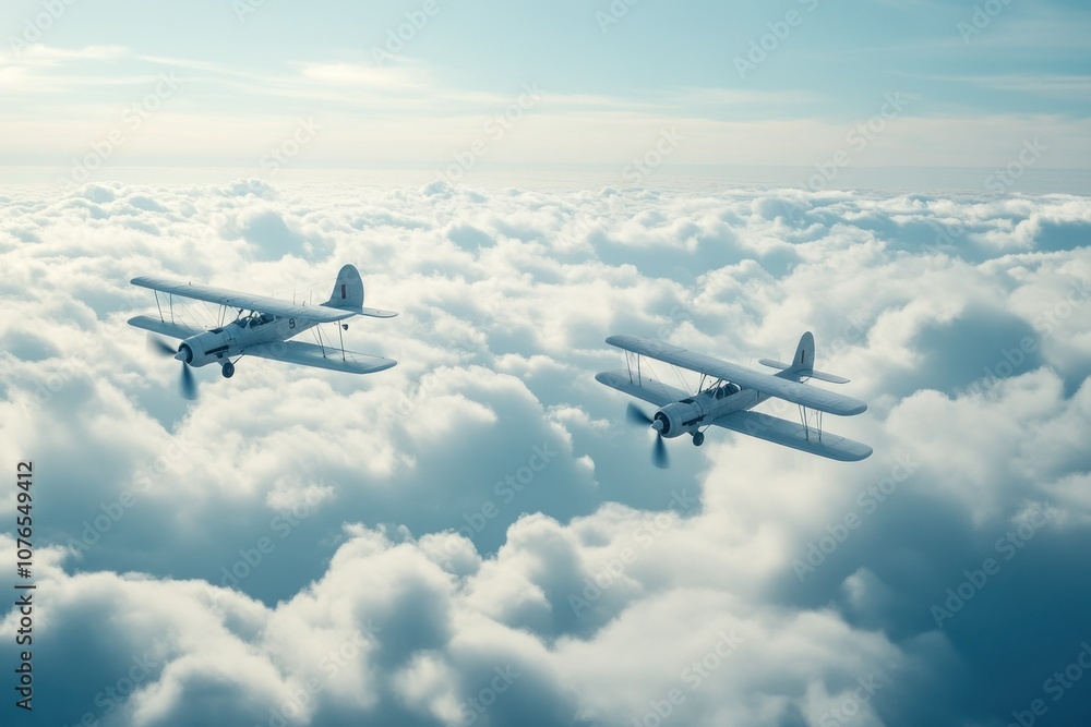 Obraz premium Biplanes Flying Above the Clouds