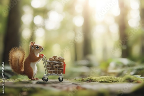 Squirrel with Shopping Cart in Forest Setting photo