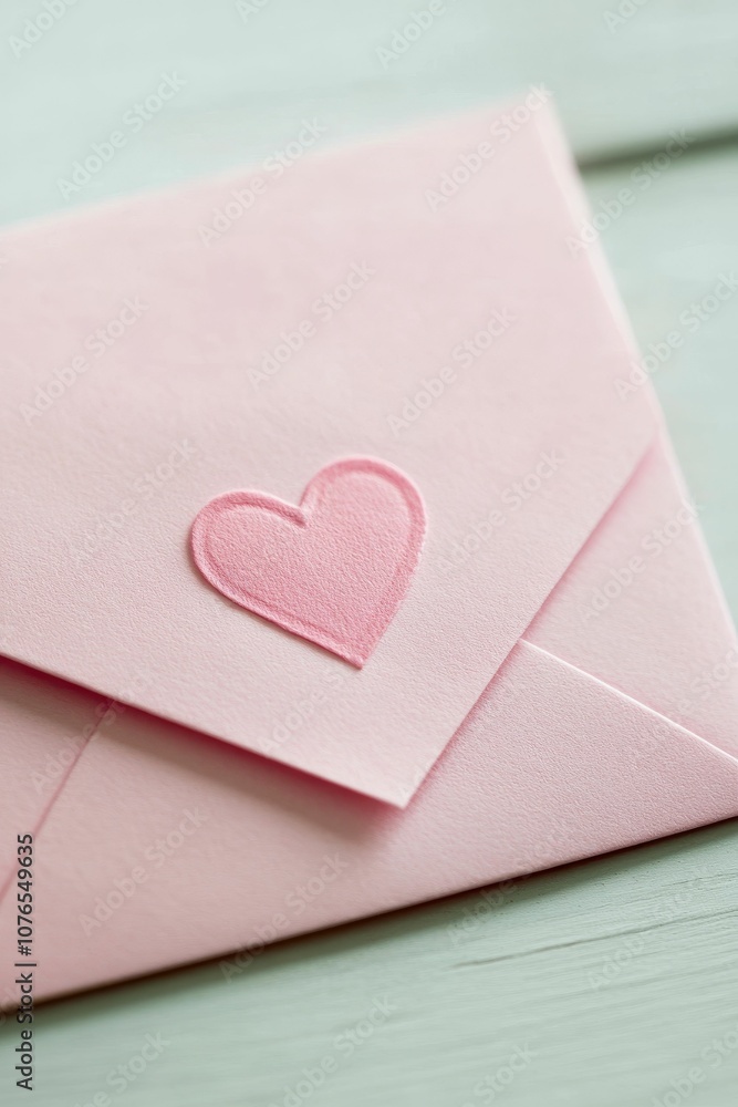 Pink envelope with heart on wood table. Pink envelope with heart on wood table.