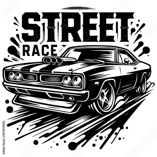 A street race logo featuring a stylized muscle car with bold, aggressive detailing, perfect for underground racing