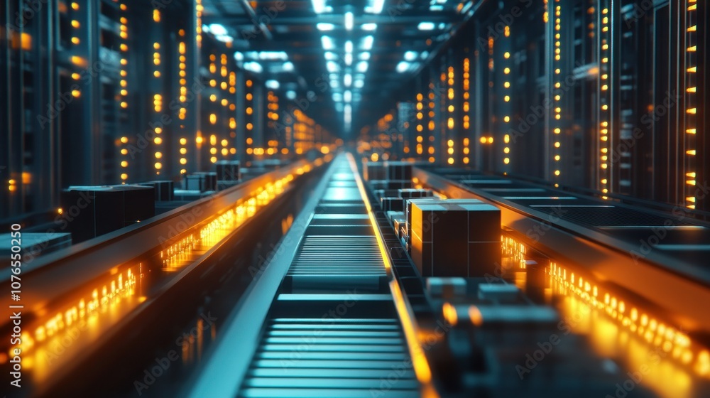 Obraz premium Futuristic Warehouse with Neon Light Pathways