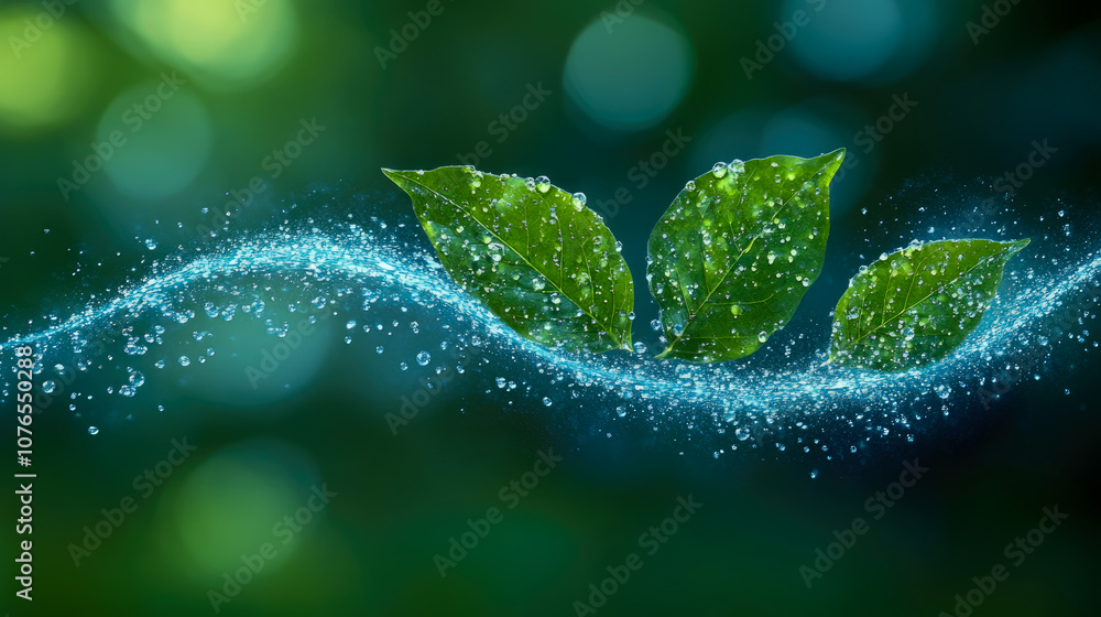 Fototapeta premium Water droplets shimmer on vibrant green leaves, capturing sunlight in a tranquil environment filled with soft, blurred greenery