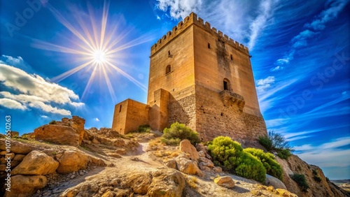 Stunning view from below of the historic tower of San Juan Castle in Calasparra, Murcia, Spain, showcasing its majestic architecture against a bright sunny sky. photo