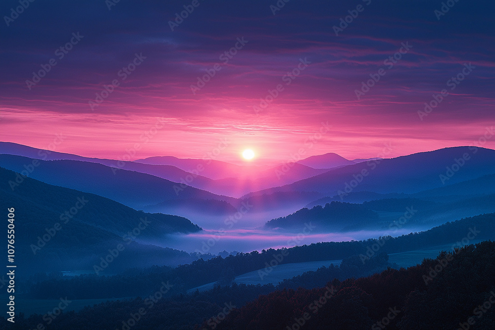 Obraz premium Sunrise over misty mountains in the early morning light
