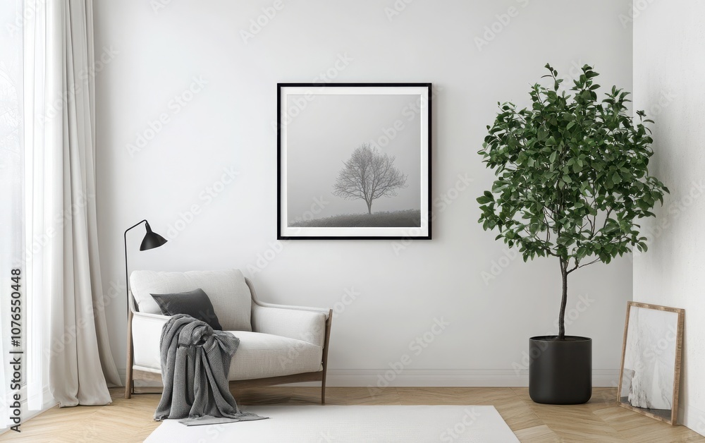 A minimalist living room setting with a cozy sofa chair in the corner, set against a white wall with a sleek black frame mockup. A minimalist living room setting with a cozy sofa chair in the corner, set against a white wall with a sleek black frame mockup.