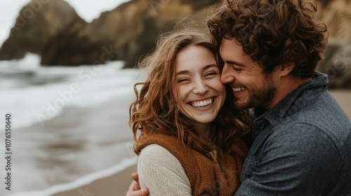 A couple is hugging on a beach, with the man wearing a blue shirt