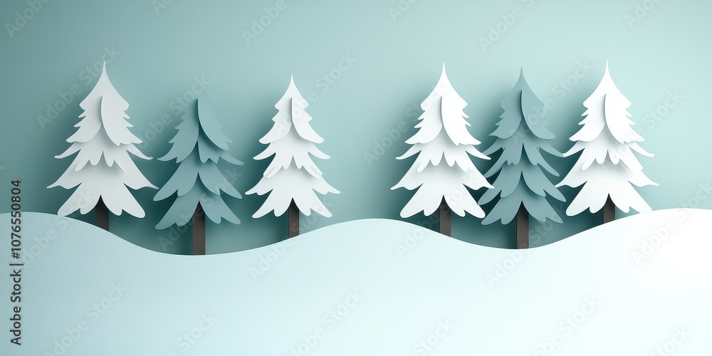 Obraz premium A whimsical paper cutout scene featuring snow-covered trees on a soft blue background.