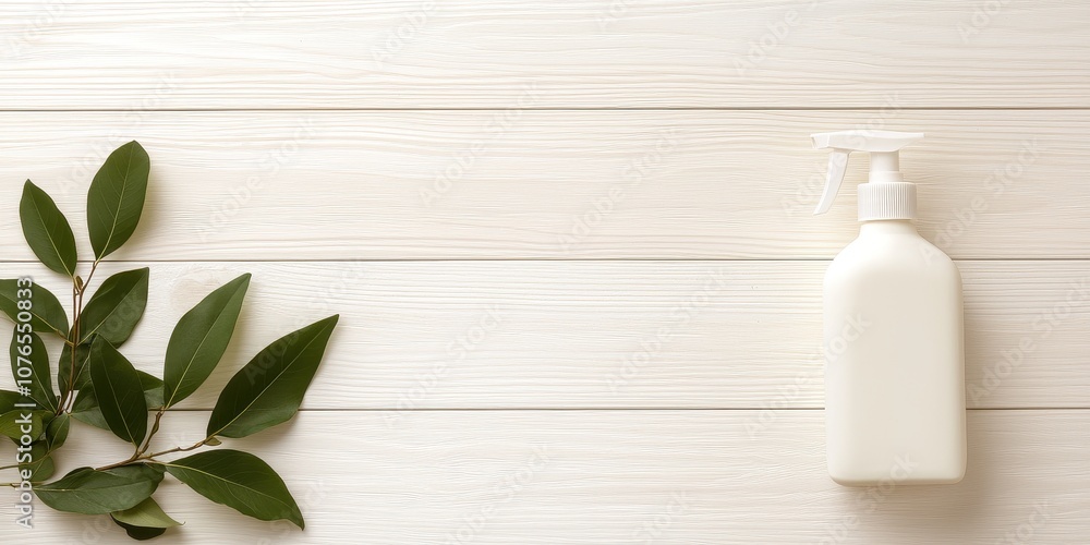 A white spray bottle placed next to green leaves on a wooden surface. A white spray bottle placed next to green leaves on a wooden surface.