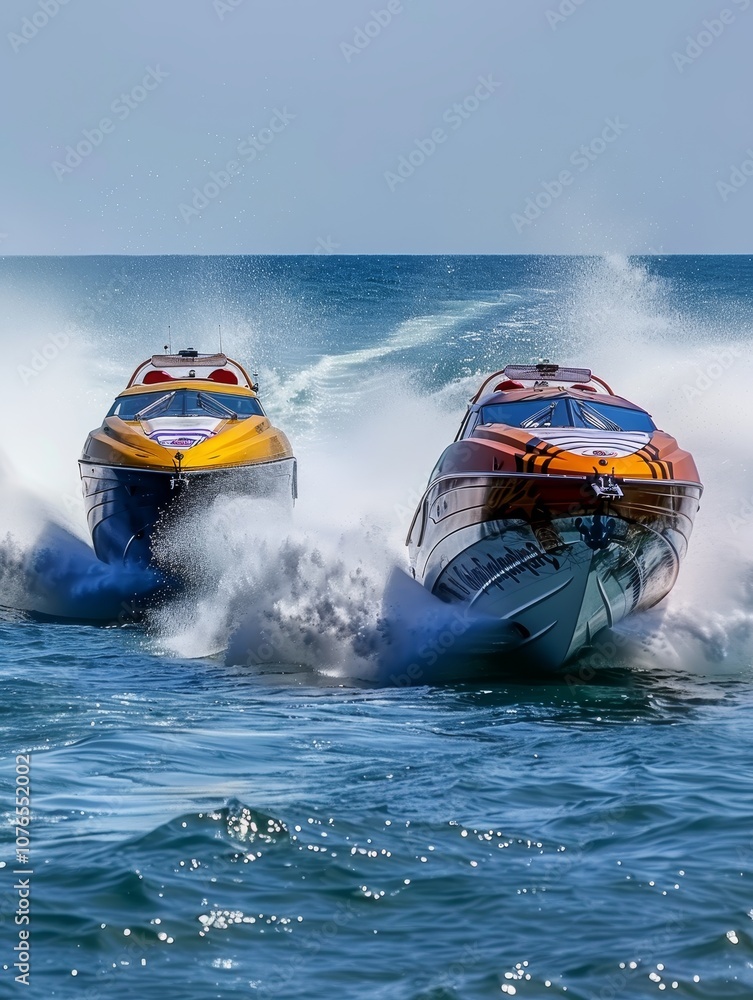 Fototapeta premium Speedboats race at high velocity, churning the ocean water with powerful, in an intense display of water sportsmanship.