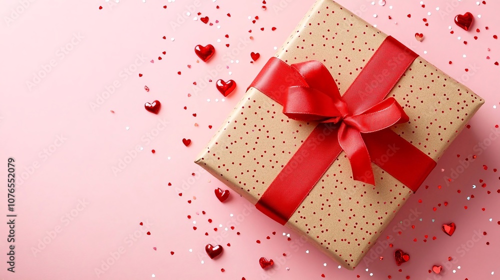 Biglietto d'auguri con confezione regalo con nastro rosso, vista dall'alto. Sullo sfondo rosa cuoricini e spazio per inserire testo d'auguri Biglietto d'auguri con confezione regalo con nastro rosso, vista dall'alto. Sullo sfondo rosa cuoricini e spazio per inserire testo d'auguri