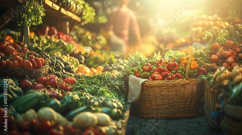 Farmer s Market Overflowing with Fresh Organic Produce and Eco Conscious Shoppers Using Reusable Bags and Baskets photo