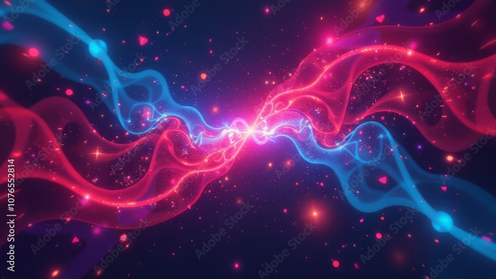 A colorful wave of pink and blue with red dots A colorful wave of pink and blue with red dots