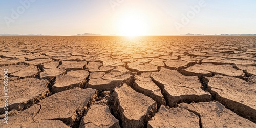 Dry cracked earth under the sun, illustrating the impact of climate change and drought.