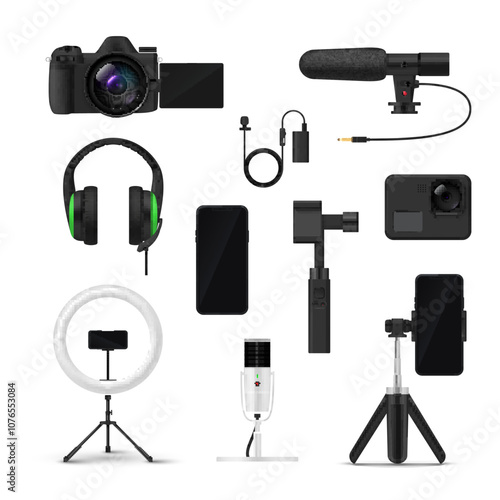 Electronic equipment for video blog vlog recording set realistic vector illustration