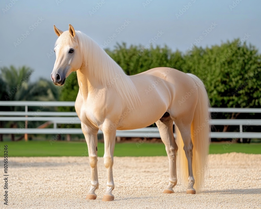 Obraz premium Golden Horse Silhouetted in Warm Sunset Light, Standing Majestically in a Pasture, a Breathtaking Display of Beauty and Serenity
