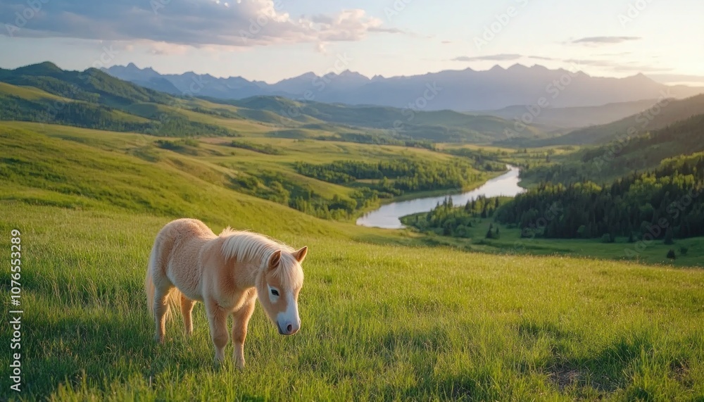 Golden Hour Horse in Pasture with Soft Shadow and Warm Light A Serene Meadow Sunset Scene with Rolling Hills and a Winding River in the Distance Golden Hour Horse in Pasture with Soft Shadow and Warm Light A Serene Meadow Sunset Scene with Rolling Hills and a Winding River in the Distance