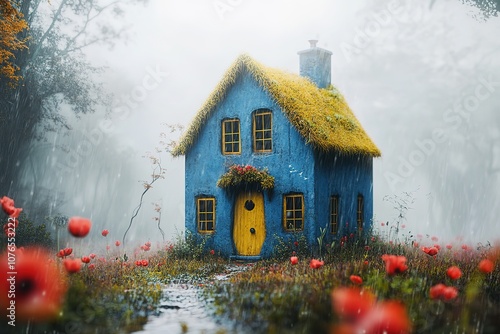 A fantasy house sits atop a hill, its yellow roof adorned with moss and surrounded by red flowers