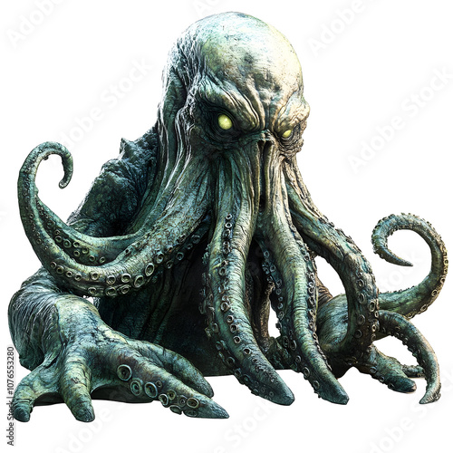 Green Tentacled Monster with Glowing Eyes Isolated on Transparent Background.