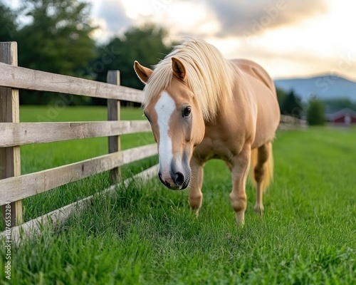 Golden Palomino Horse Grazing in Soft Evening Light, Peaceful Countryside Scene with Wooden Fence, Tranquil Pasture, Serene Nature, Rural Landscape, Idyllic Setting, Horse Photography, Animal photo