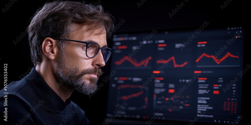 Focused professional analyzing data trends on a computer screen in a dim environment. Focused professional analyzing data trends on a computer screen in a dim environment.