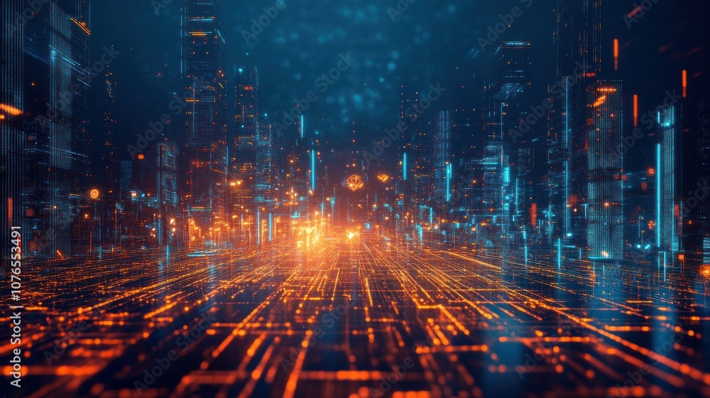 Fototapeta premium Futuristic Cityscape with Neon Lights and Digital Grid