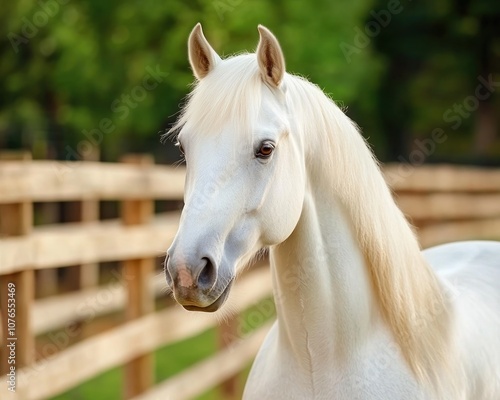 Majestic White Horse Standing in Warm Golden Sunset Light, Casting Long Shadow on Green Pasture, Equestrian Photography photo