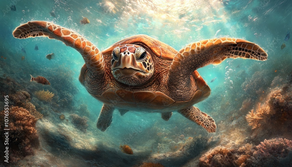 Obraz premium Sea Turtle Gracefully Navigates a Vibrant Coral Reef Ecosystem, A Glimpse into the Wonders of Marine Biodiversity