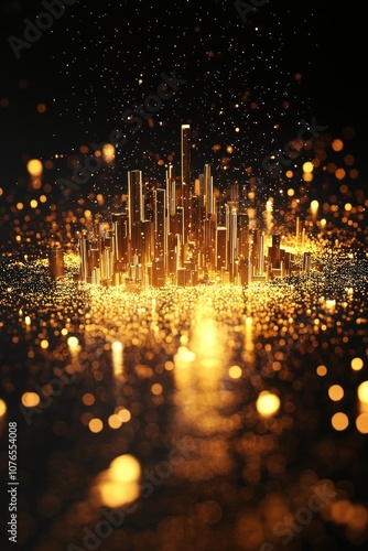 A glowing gold city skyline with light particles on a black background, a futuristic digital technology and architecture concept.