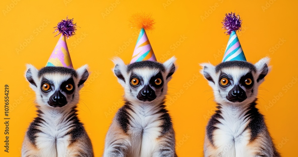 Naklejka premium Funny lemurs wearing colorful and party hats, against an orange background.