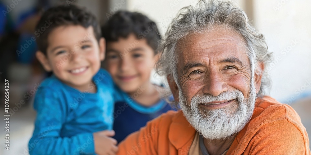 Happy grandfather enjoying time with his two cheerful grandsons outdoors. Happy grandfather enjoying time with his two cheerful grandsons outdoors.