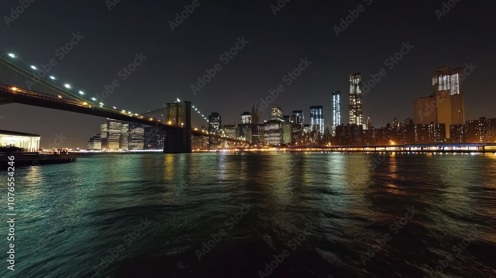 Fototapeta premium New York City Brooklyn bridge and Manhattan skyline night scene over Hudson River